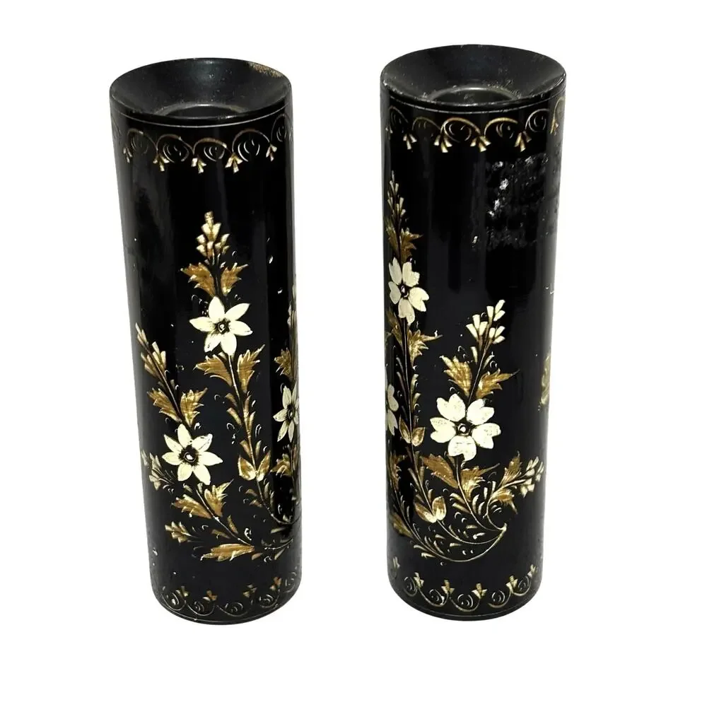 Wooden candle holders black lacquer Asian style gold & white cherry tree motif